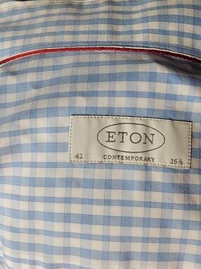 Eton Light Blue and White Gingham Dress Shirt with Red Trim